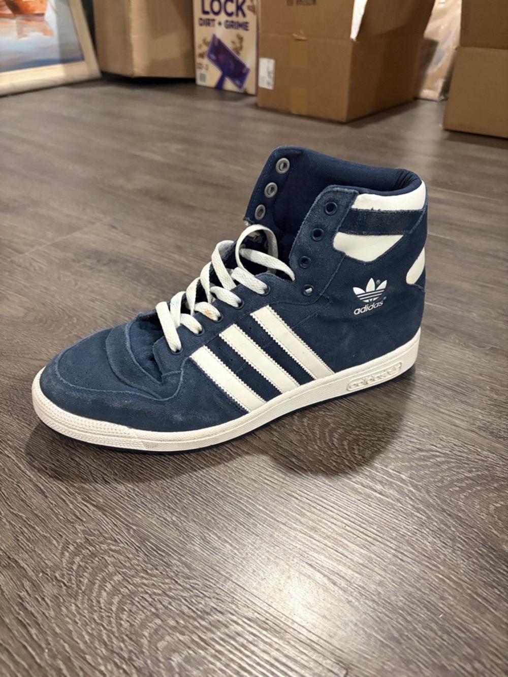 (Left only)— Adidas Decade- Navy and White High-Top Sneakers